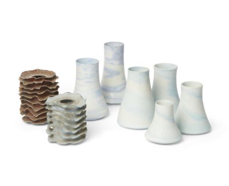 The Studio Works of Deirdre Burnett (1939-2022) Studio Pottery and Contemporary Ceramics Six tapered vases in blue and white,