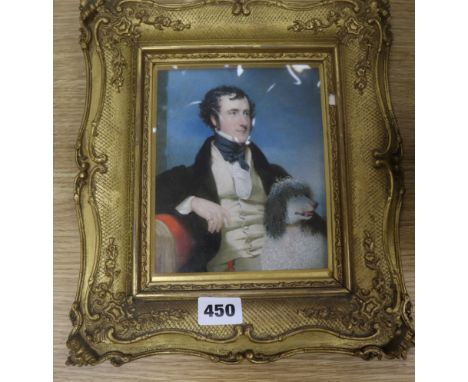 English School c.1840oil on ivoryHalf length Portrait of a gentleman with a water spaniel16 x 13cm