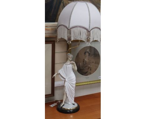 An Art Nouveau design porcelain figural table lamp Total height including shade 88cm