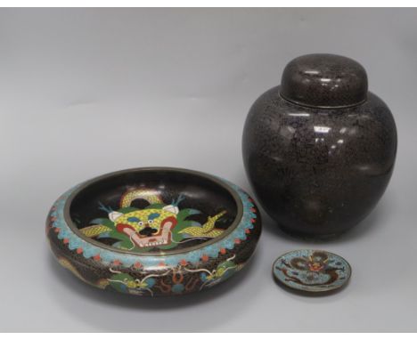 Two Chinese cloisonne enamel 'dragon' dishes and a cloisonne enamel jar and cover tallest 23cm