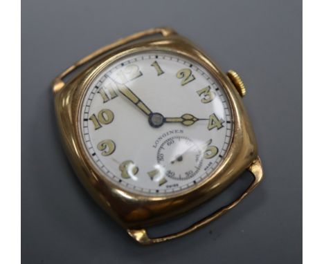 A gentleman's 1940's? 9ct gold Longines manual wind wrist watch (no strap).