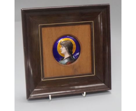 P. Bienvenu, A circular Limoges enamel plaque, possibly Joan of Arc overall 23cm sq.