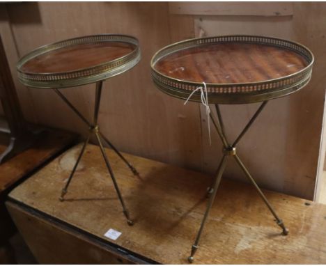 A pair of galleried brass tripod side tables Diameter 33cm