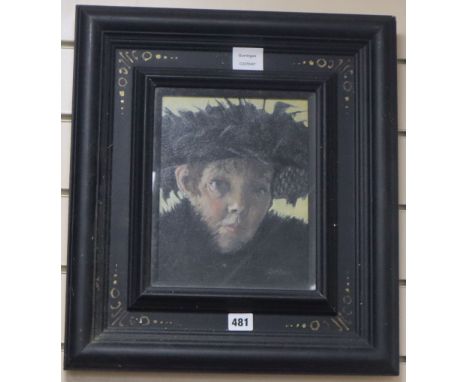 Alexandra Gardner (1945-) oil on canvas board, Self portrait with black feather hat, signed, 24 x 19cm