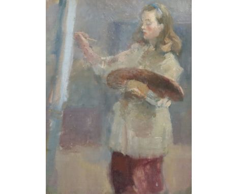 Marian Kratochwil (1906-1997)oil on wooden panelSelf portrait of the artist working at an easelinscribed verso32 x 25cm.