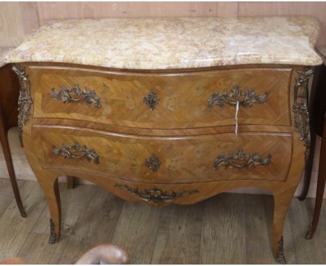 A Louis XV design marble top marquetry bombe commode W.114cm