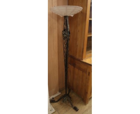 A French Art Deco frosted glass wrought iron standard lamp in the style of Edgar Brandt Approx. H.160cm