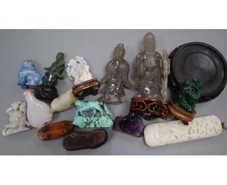 A group of Chinese hardstone figures and an opal snuff bottle
