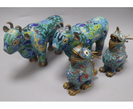 Four Chinese cloisonne enamel 'mythical beast' censers height 20cm
