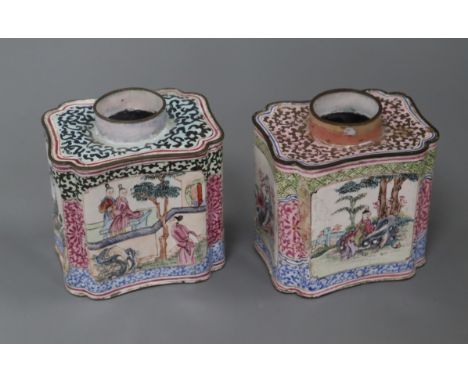 Two 18th century Canton enamel tea caddies height 10cm