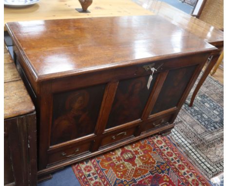 A mid 19th century oak mule chest, the front panels oil painted with three late 16th century studies of Saints, over three sm