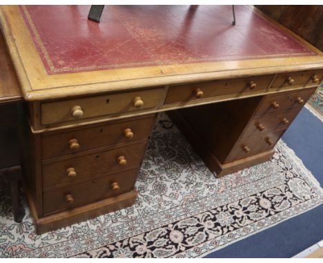 A Victorian light oak pedestal partners desk W.152cm
