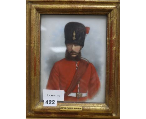 Late 19th century English School, oil on opaline glass, Portrait of an army officer, Captain d'Almaine Mackinley, 20 x 15cm