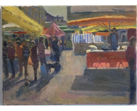 Bo HILTON (1961)French MarketOil on boardSigned, signed inscribed and dated 2009 to the back30 x 40cmThis very personal colle