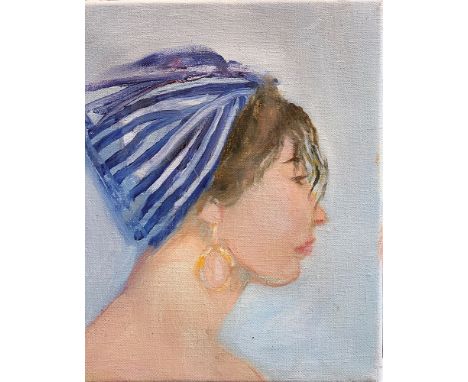 Rose HILTON (1931-2019) The Headscarf Oil on canvasStudio seal to the back 30 x 25.5cm (See illustration) This very personal 