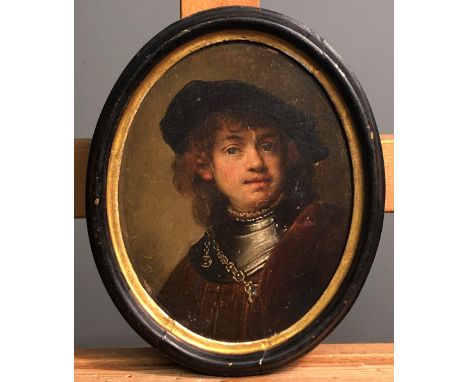 After REMBRANDT VAN RIJN (1606-1669)Self Portrait Oil on panel Indistinctly inscribed to the back 20.5 x 16.5cm, oval