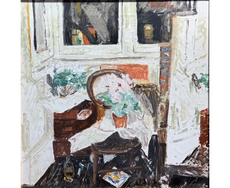 Jean Esme Oregon COOKE RA (1927-2008)Night Interior Oil on canvas Signed Gallery label to the back 45 x 45cm(See illustration