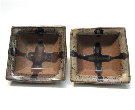 Janet LEACH (1918-1997)Two square stoneware dishesEach with poured decoration Impressed St Ives and personal seals 