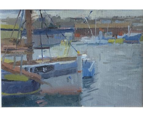 Bo HILTON (1961)Newlyn Harbour Oil on boardSigned to the backStudio seal to the back 24.5 x 34.5cmThis very personal collecti