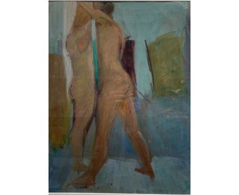 Rose HILTON (1931-2019) Standing Nudes Oil on canvas paper Signed and dated 2000 Studio seal to the back 48 x 36.5cmThis very