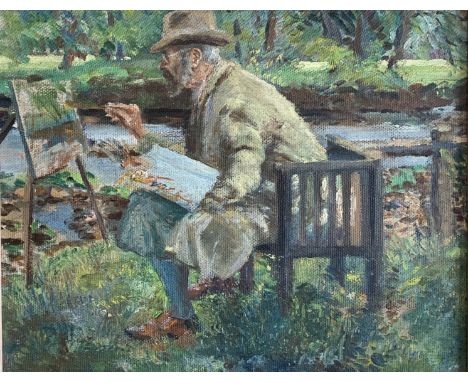 Stephen DENISON (1909-1965)A portrait of Lamorna Birch painting on the banks of Lamorna StreamOil on boardTie on label to the