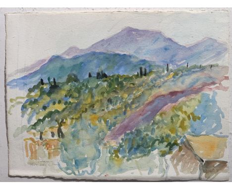 Rose HILTON (1931-2019) French LandscapeWatercolourSigned, inscribed and dated 2000Studio seal to the back 29 x 38cmThis very