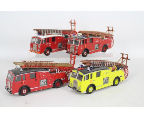 Corgi - 4 x unboxed Dennis F Fire Engines in different liveries in 1:50 scale. They have been out on display so would benefit