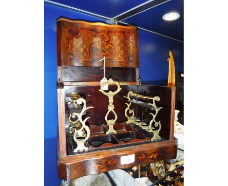 A CONTINENTAL ROSEWOOD AND MARQUETRY DECANTER BOX with internal stand