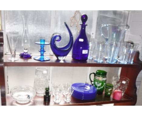 A BRISTOL BLUE GLASS DECANTER and a quantity of decorative glassware