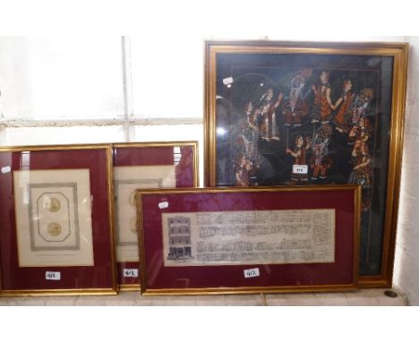 AN INDIAN PAINTING depicting various figures dancing, together with three 19th century engravings