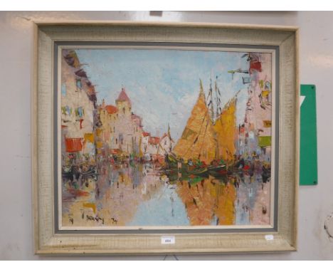 GEORGE R DEAKINS: An Impasto oil on board canal scene, signed and dated '74  
