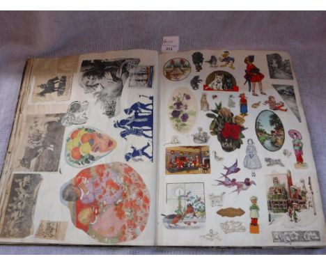 AN ALBUM OF VINTAGE SCRAPS, prints, cards and similar items