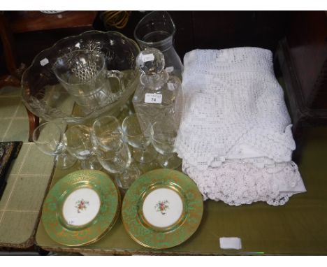 A CROCHET EDGED TABLE CLOTH, similar textiles, a glass decanter, glassware and a collection of Minton side plates