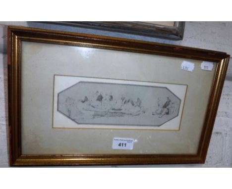 ATTRIBUTED TO SAMUEL PROUT (1783-1852): A preliminary study of figures loading trunks into a boat, Fry Gallery verso, pencil 