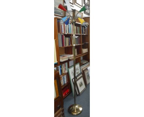 A VINTAGE 1950'S BRASS STANDARD LAMP with multi-coloured cone-shaped metal shades on adjustable stems