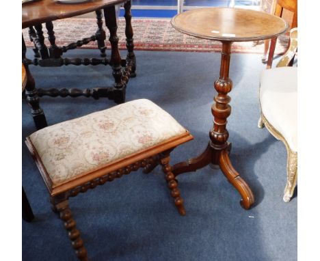 A VICTORIAN WALNUT TRIPOD OCCASIONAL TABLE and a bobbin-turned 'X'-frame stool