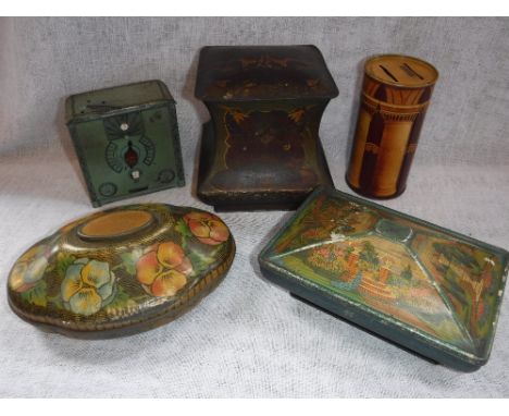 A 1920s TIN IN THE FORM OF A RADIO, A Rowntree tin decorated with flowers and similar vintage tins