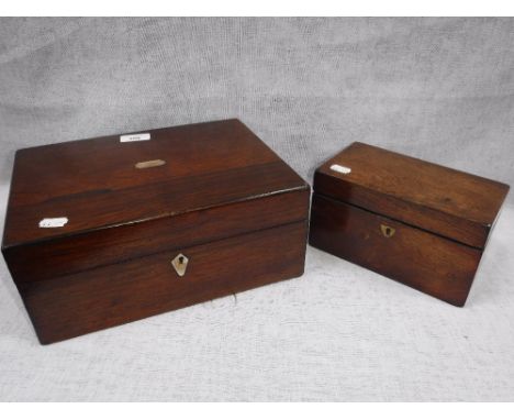 A 19TH CENTURY ROSEWOOD WORKBOX with fitted interior and a similar tea caddy