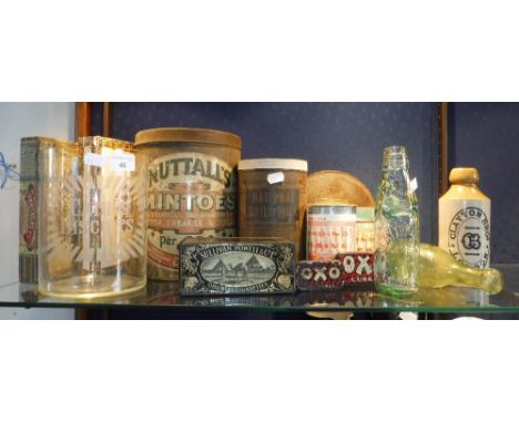 A VINTAGE 'CARR'S BISCUITS' GLASS JAR, a 'Nuttall's Mintoes' tin and a collection of vintage bottles and tins