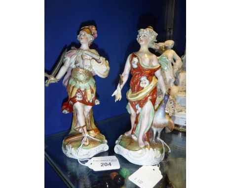 A PAIR OF CHELSEA STYLE FIGURES of a warrior and companion