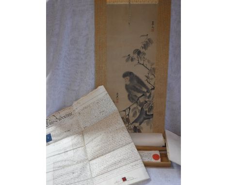 A CHINESE SCROLL PAINTING in fitted box and a quantity of ephemera