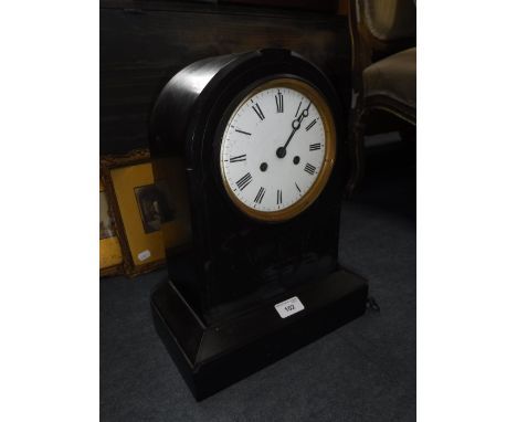 A LARGE 19TH CENTURY SLATE-CASED MANTEL CLOCK (pendulum, key and bell in office)