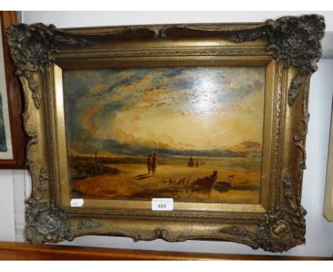 A 19TH CENTURY OIL ON BOARD, Beach scene with figures and dogs, indistinctly signed 