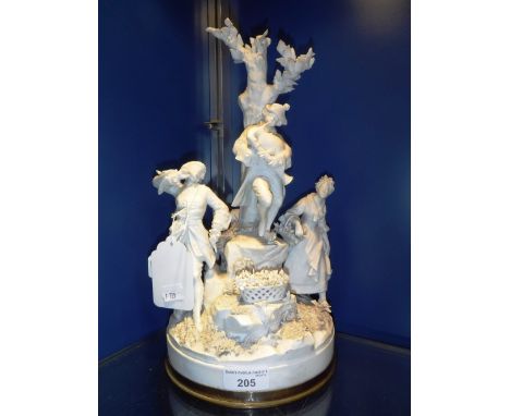 A CONTINENTAL BISCUIT PORCELAIN FIGURE of a bag-pipe player and other figures