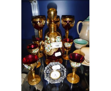 A COLLECTION OF VENETIAN GILT AND PAINTED RED COLOURED GLASS and a glass dressing table clock