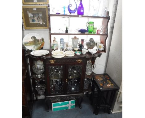 A VICTORIAN STAINED PINE HANGING SHELF, 36" wide, a nest of three japanned tables and an Edwardian side cabinet