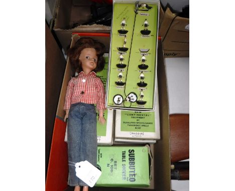 SUBBUTEO: A COLLECTION OF BOXED SOCCER PLAYERS and a net, and a vintage Cindy doll