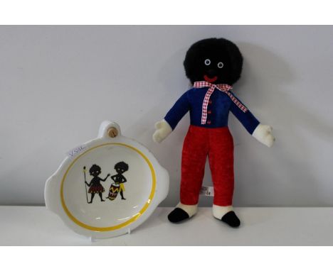 A vintage plush doll &amp; ceramic dish warmer 