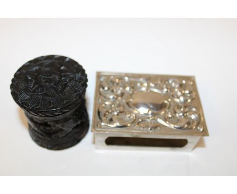 A white metal matchbox holder &amp; black forest screw top trinket box 