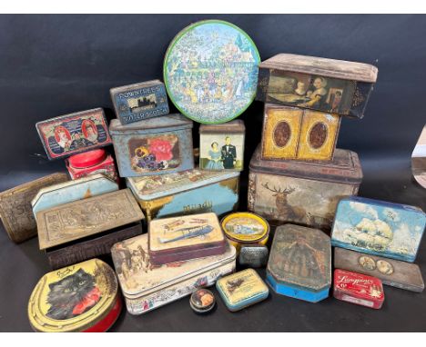 A quantity of assorted tins including a Huntley &amp; Palmers 'Kate Greenaway' rude scene tin, a Rowntrees Yorkshire Butter S